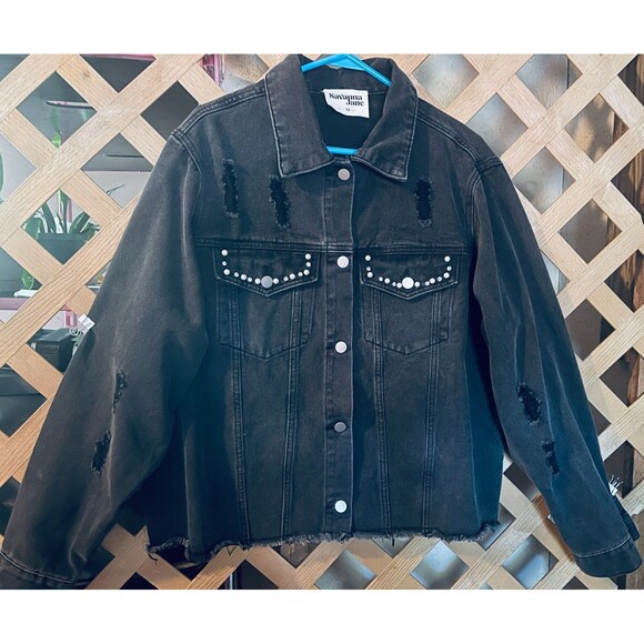 SAVANNAH JANE Pearls & Rhinestones Black Distressed Denim Boho Jacket 1X - Picture 2 of 12